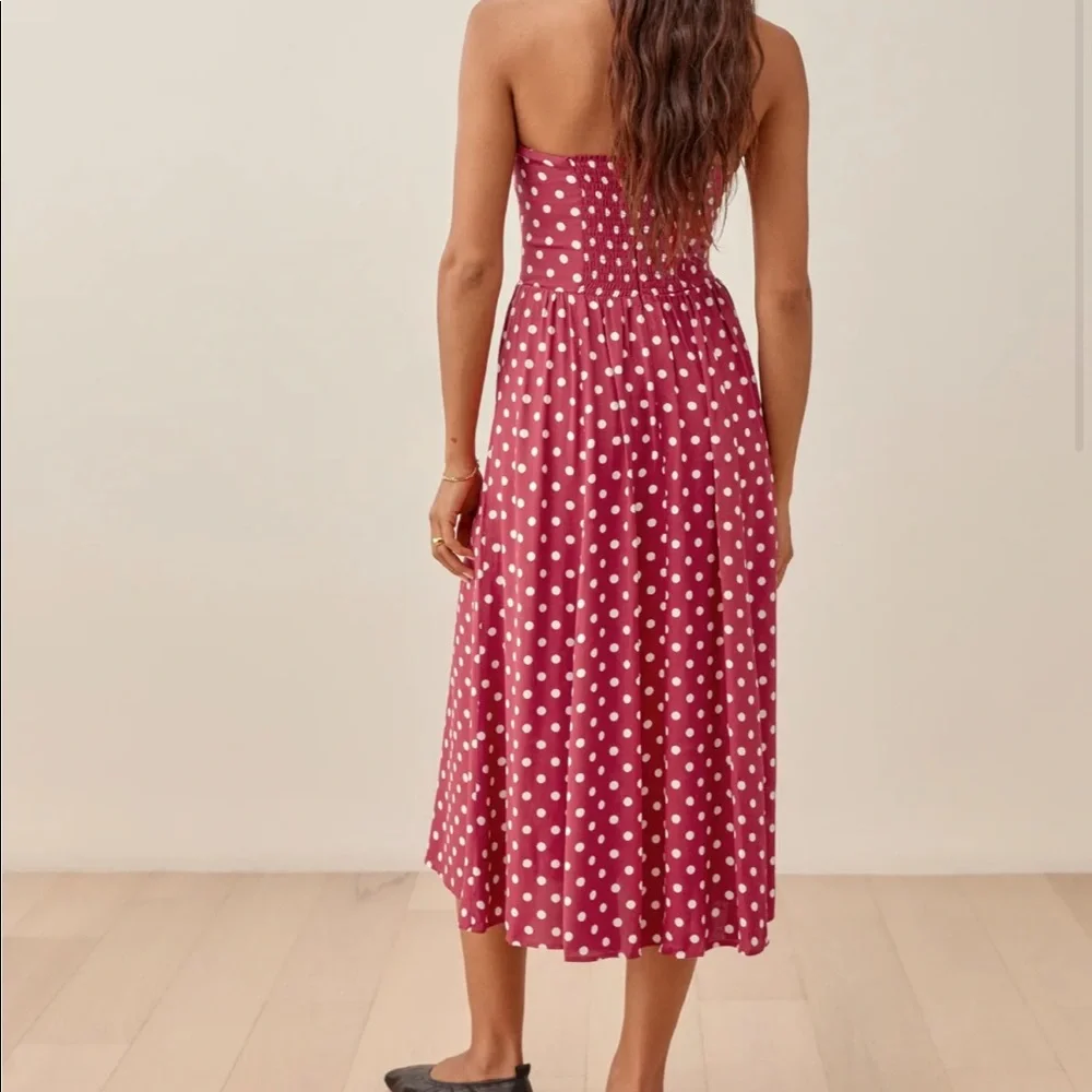 Reformation Strapless Raspberry Polka Dot Midi Dress - Picture 5 of 8
